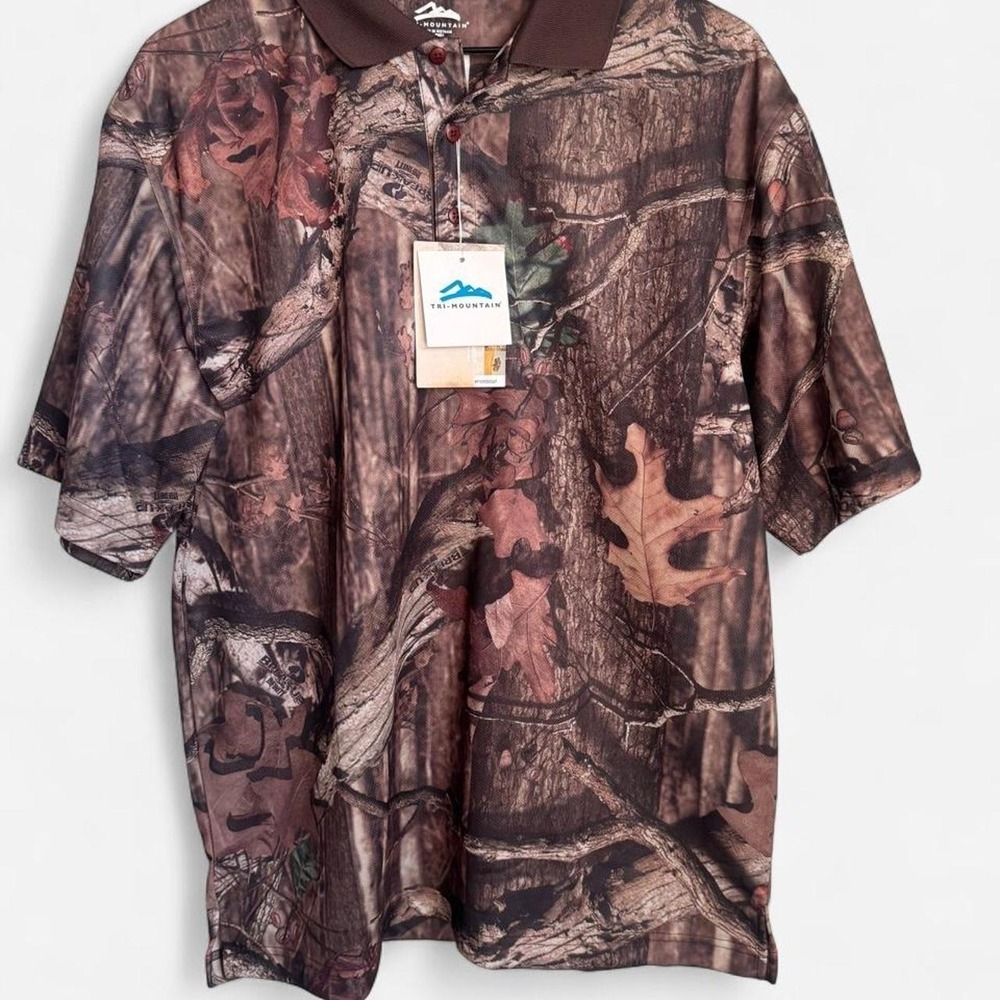 Tri-Mountain Mens Camo Polo Shirt Mossy Oak Break-Up Infinity Toro Large NWT
